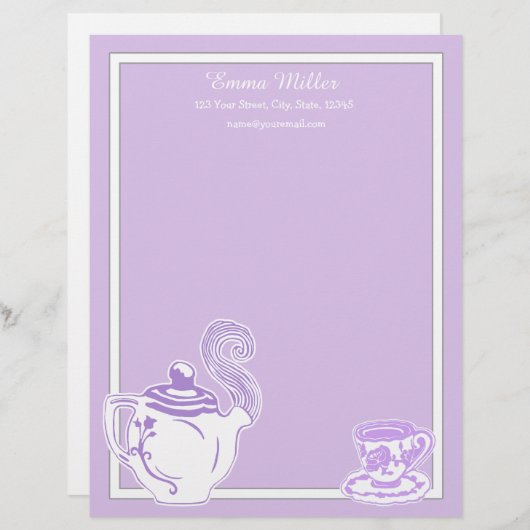 Teapot & Teacup Lavender & White Custom Letterhead Custom Briefhoofd (Voorkant / Achterkant)