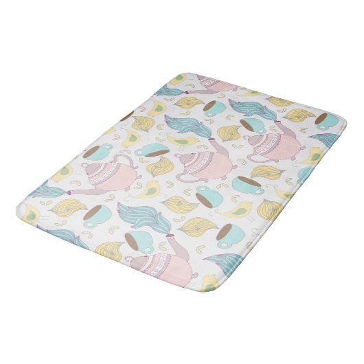 Teapots Teacups en Birds Whimsical Pastel Pattern Badmat (Gekanteld)