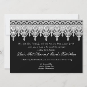 Tear Drop Lace, Black, Grey & White Wedding Invite Kaart