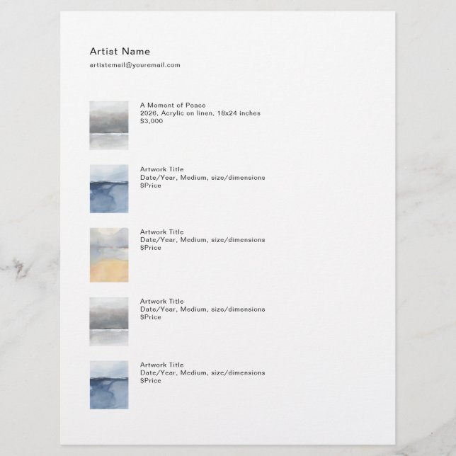 Tear Sheet Price List Template for Art Briefhoofd (Voorkant)