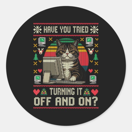 Tech Suprts Cat Engineer Computer Ugly Christmas S Ronde Sticker (Voorkant)