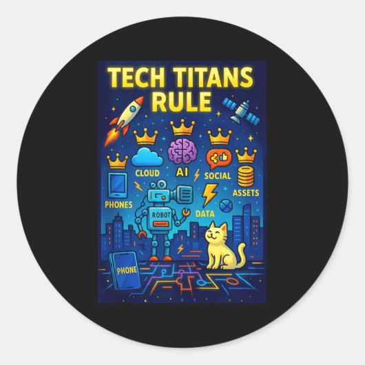 Tech Titans Rule Funny Big Technology Satire Wer G Ronde Sticker (Voorkant)