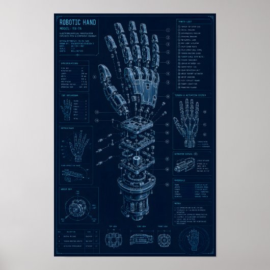 Technische Blauwdruk Robothand Poster (Voorkant)