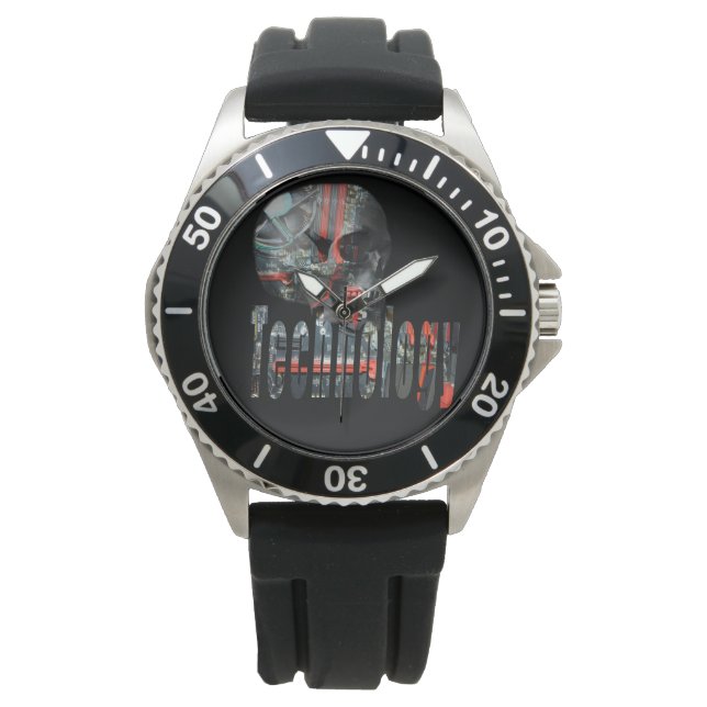 Technology Skull & Logo Mannen Black Rubber Watch Horloge (Voorkant)