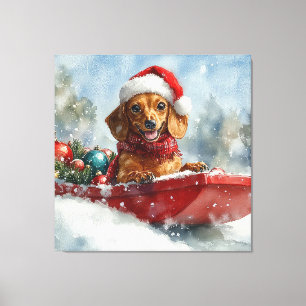 Teckel Hond in Sledge Laat het Sneeuw Kerstmis Canvas Afdruk