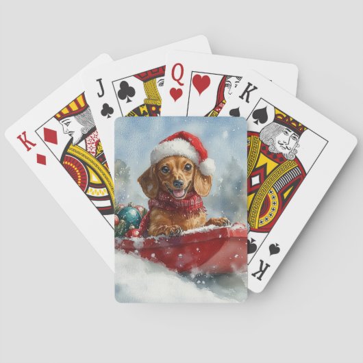 Teckel Hond in Sledge Laat het Sneeuw Kerstmis Pokerkaarten (Achterkant)