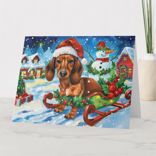 Teckel Hond in Sleigh Sneeuw Kerstmis Kaart (Voorkant)