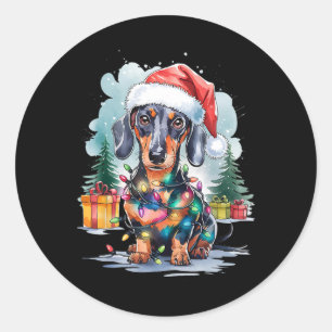 Teckel Hond Kerstman Hoed Kerstverlichting Tree Wi Ronde Sticker