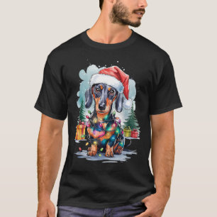 Teckel Hond Kerstman Hoed Kerstverlichting Tree Wi T-shirt