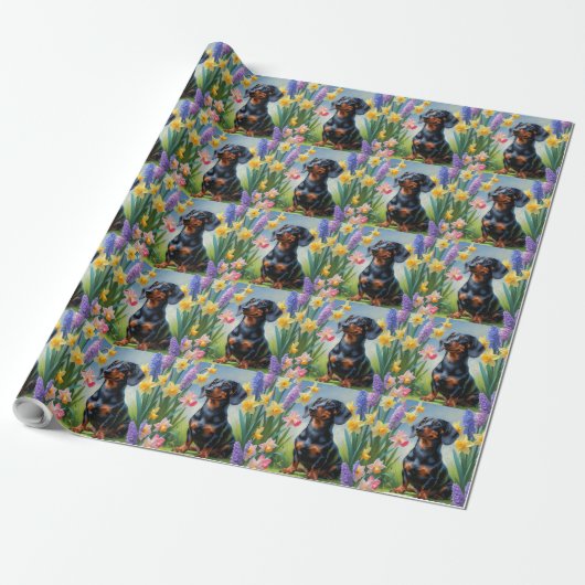 Teckel Hond Spring Bloemen Schilderen Cadeaupapier (Uitgerold)