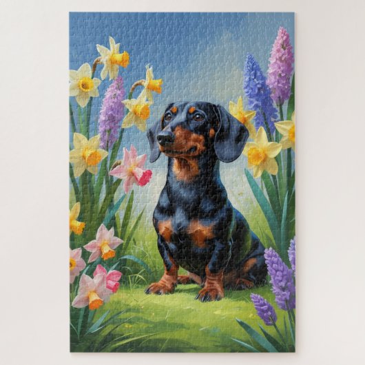 Teckel Hond Spring Bloemen Schilderen Legpuzzel (Verticaal)