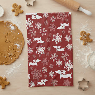 Teckel Kerst Sneeuwvlok Rood Schotel Handdoek