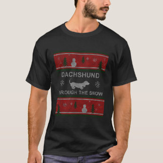teckel lelijke kersttrui sneeuw sneeuwpop boom t-shirt