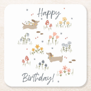 Teckel Liefhebbers Happy Birthday Bloemenfeest Vierkante Kartonnen Onderzetter