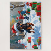 Teckel loopt in de sneeuw met kerst Pet Legpuzzel (Verticaal)