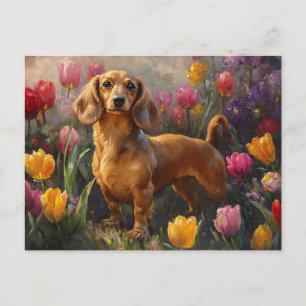 Teckel met Spring Tulips Painting Briefkaart