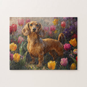 Teckel met Spring Tulips Painting Legpuzzel