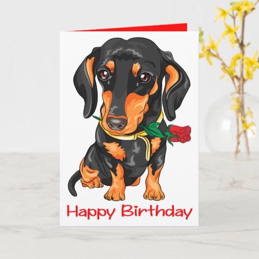 Teckel Puppy Cartoon Schattigee Verjaardag Hond Kaart (Gele Bloem)