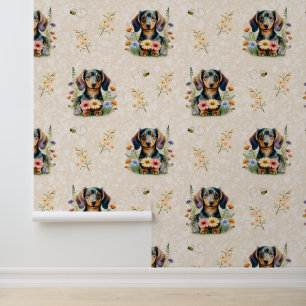 Teckel Puppy Dog Black Tan Wild Flowers Cream Behang