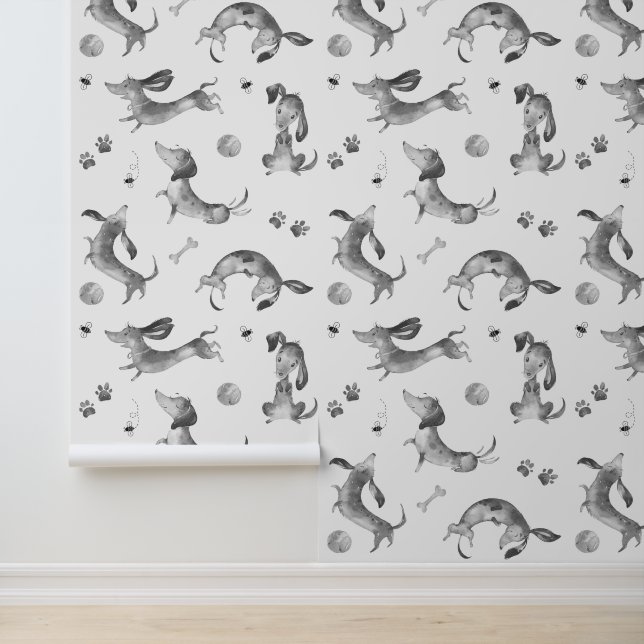 Teckel Puppy Dog Paw Prints Bee Zwart Wit Behang (Applicatie)