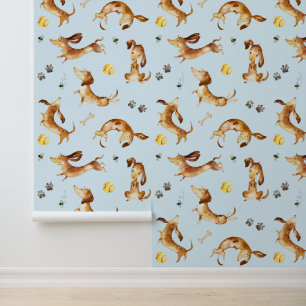 Teckel Puppy Dog Paw Prints Bumble Bee Blauw Behang