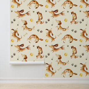 Teckel Puppy Dog Paw Prints Bumble Bee Cream Behang