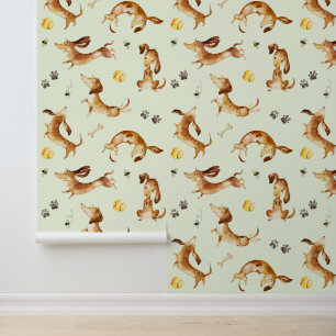 Teckel Puppy Dog Paw Prints Bumble Bee Green Behang