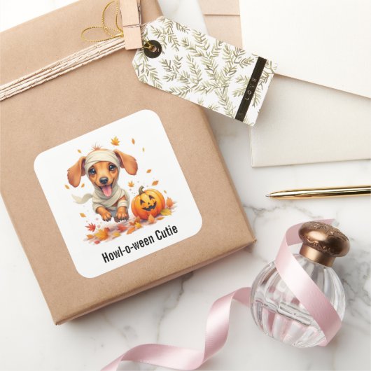 Teckel Puppy Mummie Halloween Waterverf Vierkante Sticker (Geschenken)
