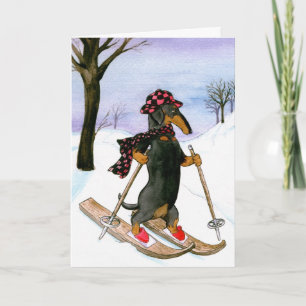 Teckel Skiën Kerst Kaart