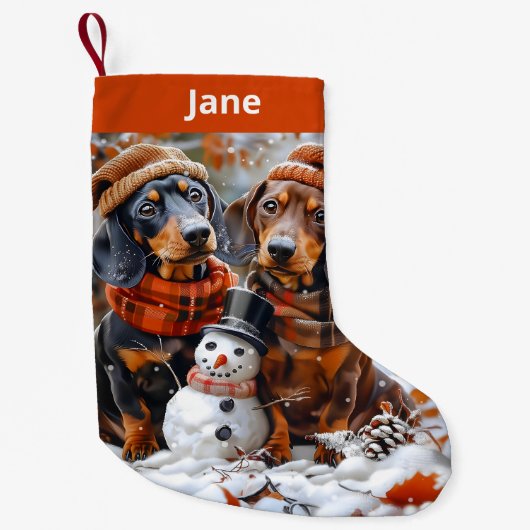 Teckels en Sneeuwman Christmas Stocking Kleine Kerstsok (Voorkant)