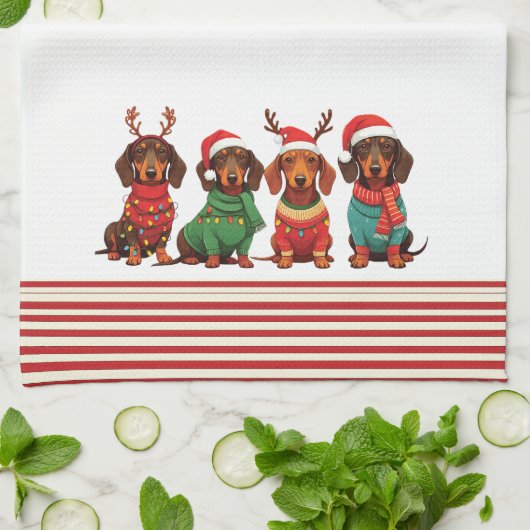 Teckels in Antlers & Santa Hats: Kerstmis Theedoek (Gevouwen)