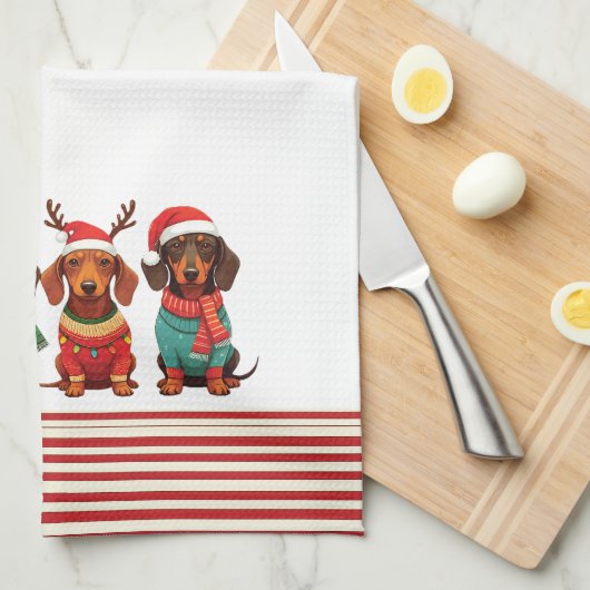 Teckels in Antlers & Santa Hats: Kerstmis Theedoek (Quarter Fold)