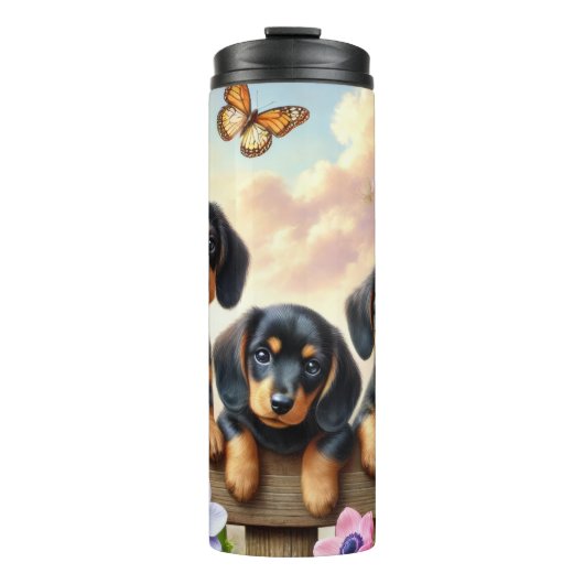 Teckels in een voorjaarstuin thermosbeker (Voorkant)
