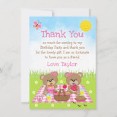 Teddberen Picknick Verjaardag Roze Gingham Bedankkaart (Voorkant)