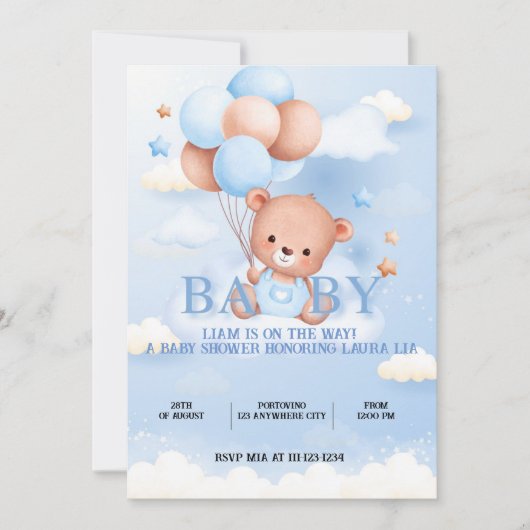 TEDDDY BEAR BLUE BABY SHOWER INVITATION (Devant)