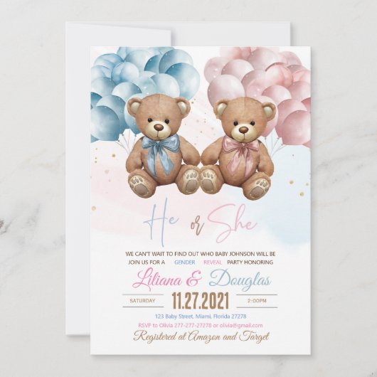 Teddi Beer Baby shower Uitnodiging Hij of Zij Gesl (Voorkant)