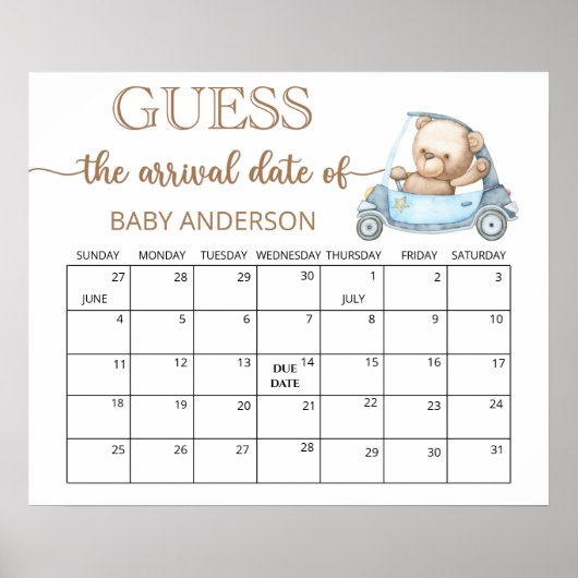 Teddibeer Babyshower Raad de Datum Kalender Poster (Voorkant)