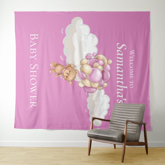 Teddibeer Ballonnen Roze Baby Shower achtergrond Wandkleed (In Situ (horizontaal))