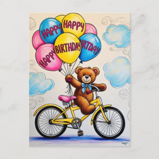 Teddibeer op een fiets die ballonnen vasthoudt briefkaart (Voorkant)