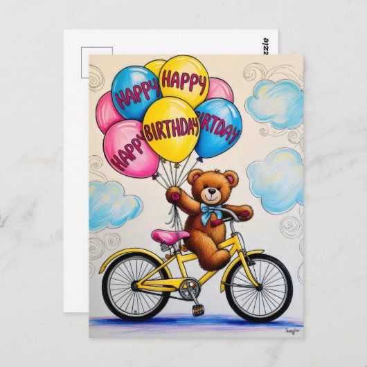 Teddibeer op fiets met ballonnen briefkaart (Voorkant / Achterkant)