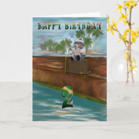 Teddibeer vissen 2e verjaardag kaart (Gele Bloem)