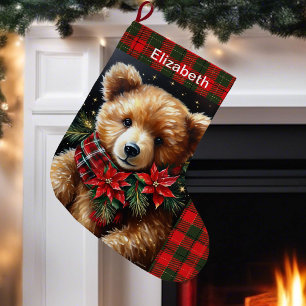 Teddibeer Voeg Naam Toe Kerstmis Rood Groen Grote Kerstsok
