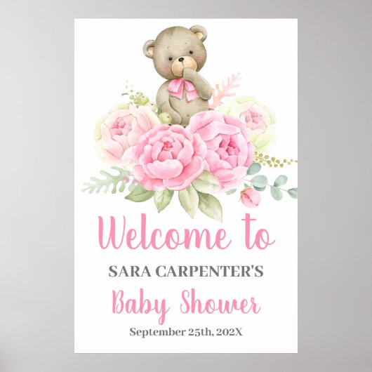Teddy Baby shower fille rose ours Affiche de bienv (Devant)