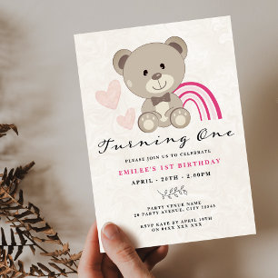 Teddy Bear 1e verjaardag Roze uitnodiging