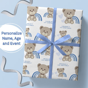 Teddy Bear 1st Birthday Blue Cadeaupapier