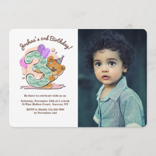 Teddy Bear 3 jaar oude fotouitnodiging Kaart