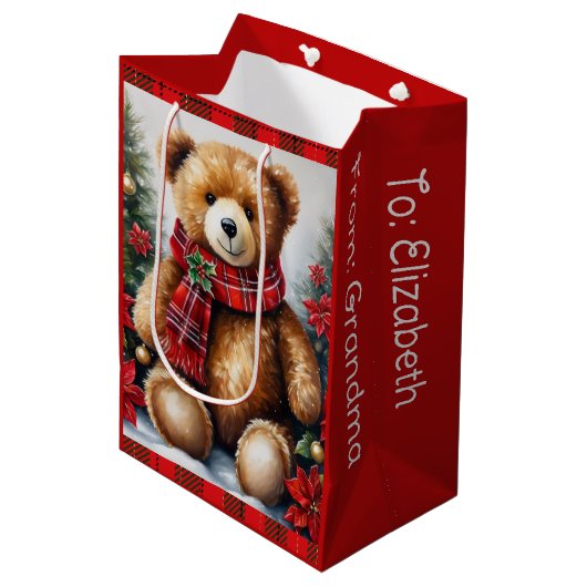Teddy Bear Add Names Cute Christmas Medium Cadeauzakje (Voorkant Gekanteld)