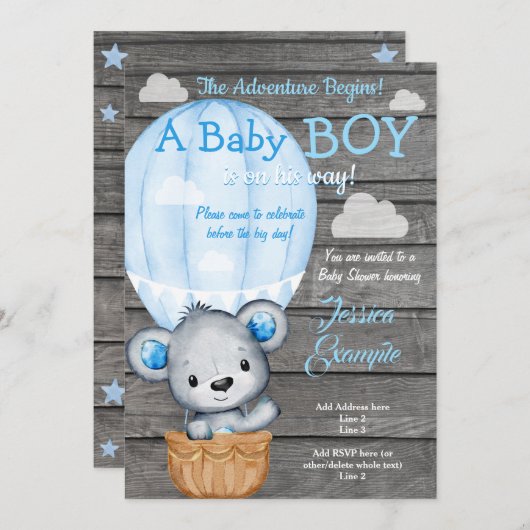 Teddy Bear Adventure Air Balloon Douche Invitation (Devant / Derrière)