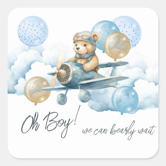 Teddy Bear Air Plane Baby shower Vierkante Sticker (Voorkant)