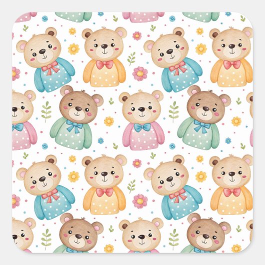Teddy bear and flowers vierkante sticker (Voorkant)